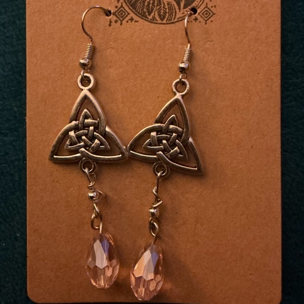 Celtic Knot Silver Earrings with Pink Crystal Drops